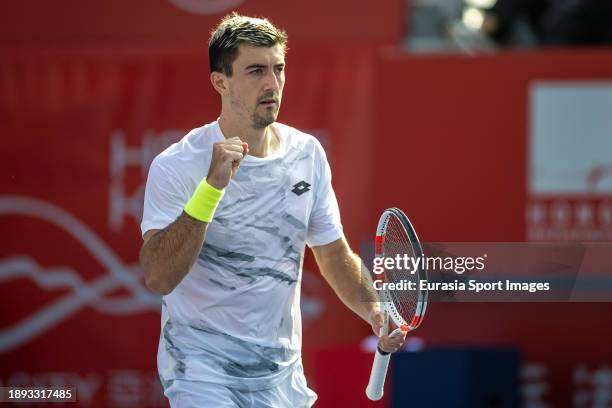 Sebastian Ofner of Austria celebrates winning match point against Mackenzie McDonald of the United States during the men's singles round of 32 match...