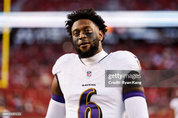 Patrick Queen of the Baltimore Ravens looks on during pregame warmups before an NFL football game against the San Francisco 49ers at Levi's Stadium...