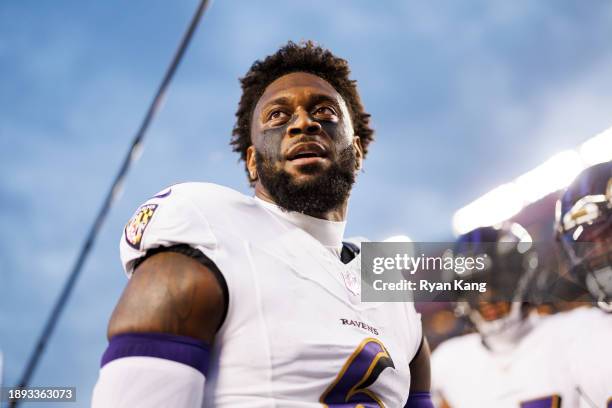 Patrick Queen of the Baltimore Ravens is seen in the team huddle during pregame warmups before an NFL football game against the San Francisco 49ers...