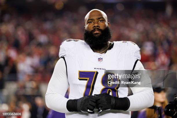 Morgan Moses of the Baltimore Ravens looks on from the sideline before an NFL football game against the San Francisco 49ers at Levi's Stadium on...