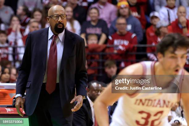 Head coach Mike Woodson of the Indiana Hoosiers looks on during the first half in the game \aks at Simon Skjodt Assembly Hall on December 29, 2023 in...