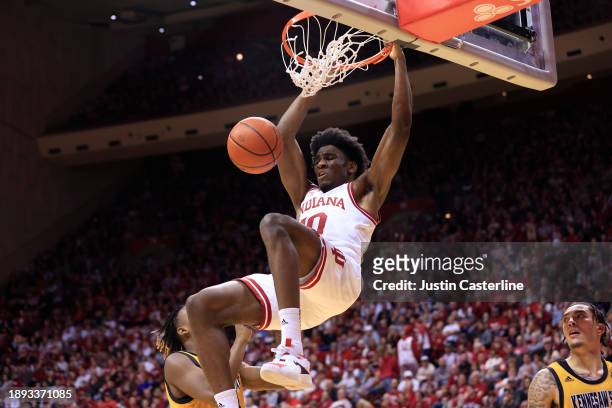 Kaleb Banks of the Indiana Hoosiers dunks the ball during the first half in the game against the Kennesaw State Owls at Simon Skjodt Assembly Hall on...