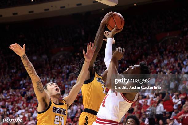 Jamel King of the Kennesaw State Owls blocks the shot of Anthony Walker of the Indiana Hoosiers during the first half at Simon Skjodt Assembly Hall...