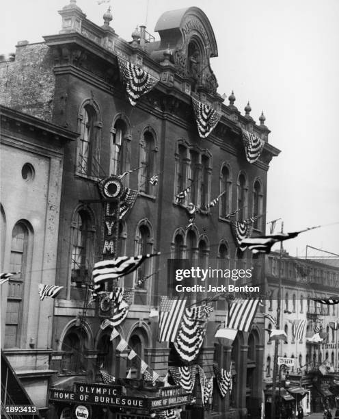 Exterior of Tammany Hall, the home of the powerful political party, then including the Olympic burlesque theater, New York City, 1924.