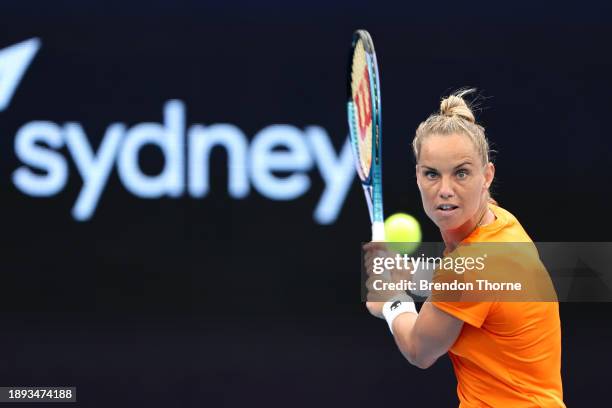 Arantxa Rus of the Netherlands plays a backhand in their Group F match against Malene Helgo of Norway during the 2024 United Cup at Ken Rosewall...