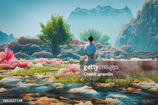 Femme restant dans le paysage de fantaisie Femme restant dans le paysage de fantaisie