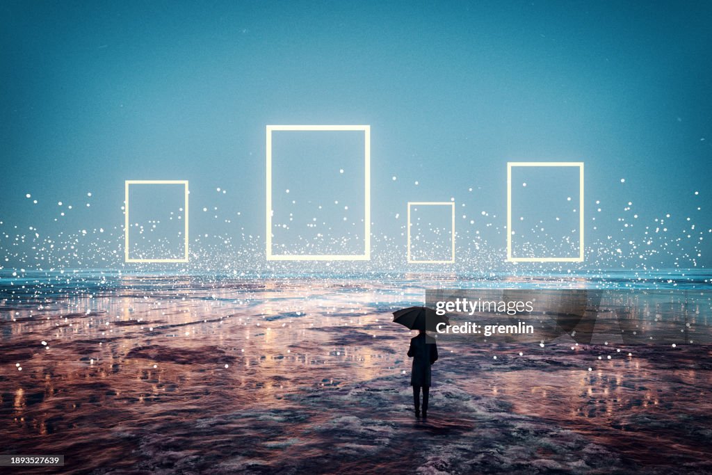 Homme avec un parapluie debout devant des portails lumineux
