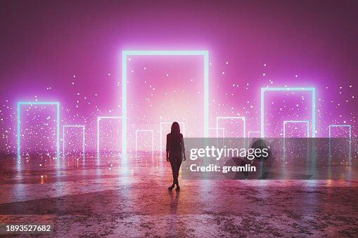 Woman standing in front of glowing portals Woman standing in front of glowing portals