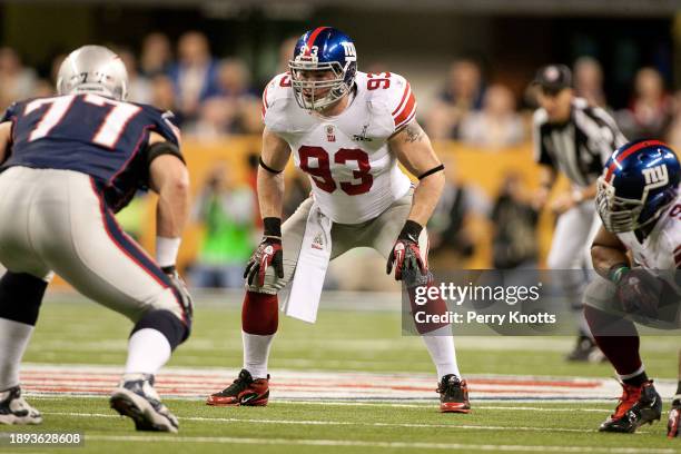 Chase Blackburn of the New York Giants in coverage against the New England Patriots during Super Bowl XLVI at Lucas Oil Stadium on February 5, 2012...