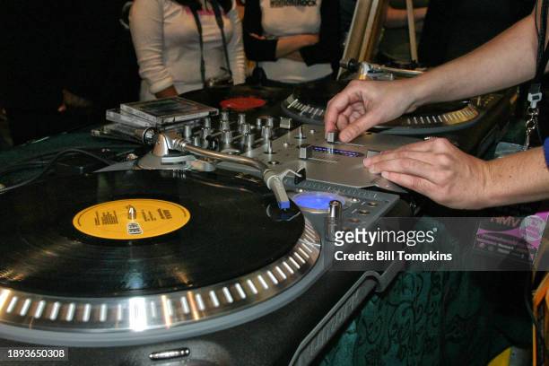 Female DJ's using Numark turntable equipment during the Women Who Rock DJ event on November 17th, 2003 in New York City.