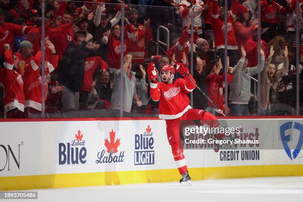 Jake Walman of the Detroit Red Wings celebrates his third period goal while playing the Nashville Predators at Little Caesars Arena on December 29,...