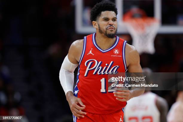 Tobias Harris of the Philadelphia 76ers reacts to a basket against the Houston Rockets during the second half at Toyota Center on December 29, 2023...
