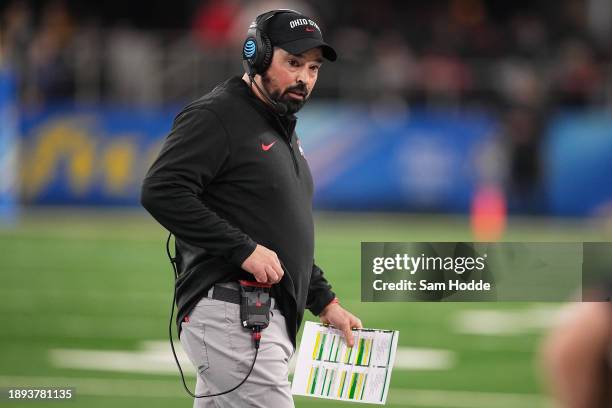 Head coach Ryan Day of the Ohio State Buckeyes reacts during the third quarter against the Missouri Tigers in the Goodyear Cotton Bowl at AT&T...