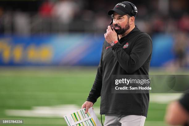 Head coach Ryan Day of the Ohio State Buckeyes reacts during the third quarter against the Missouri Tigers in the Goodyear Cotton Bowl at AT&T...