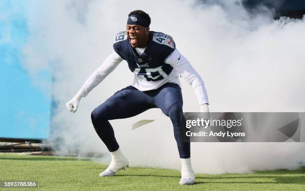 Arden Key of the Tennessee Titans is introduced before the game against the Seattle Seahawks at Nissan Stadium on December 24, 2023 in Nashville,...