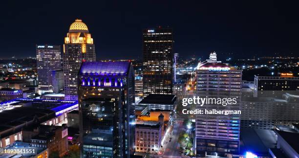 downtown louisville, kentucky on a fall night - aerial shot - louisville stock pictures, royalty-free photos & images