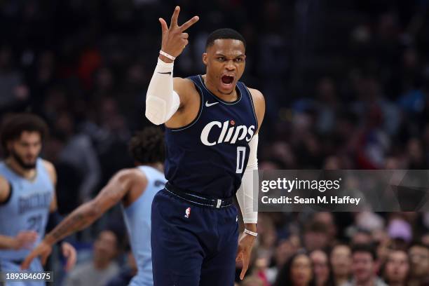 Russell Westbrook of the LA Clippers reacts after a three point shot during the first half of a game against the Memphis Grizzlies at Crypto.com...