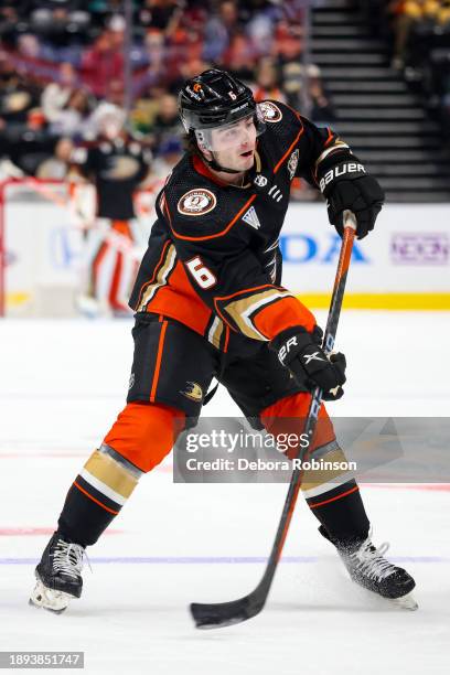 Jamie Drysdale of the Anaheim Ducks skates on the ice during the first period against the Arizona Coyotes at Honda Center on December 29, 2023 in...