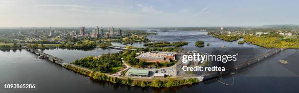 panoramic view of ottawa, parliament hill, gatineau, victoria bridge and outaouais river. - gatineau stock pictures, royalty-free photos & images