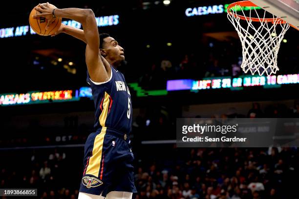 Herbert Jones of the New Orleans Pelicans dunks the ball during the second quarter of an NBA game against the Utah Jazz at Smoothie King Center on...