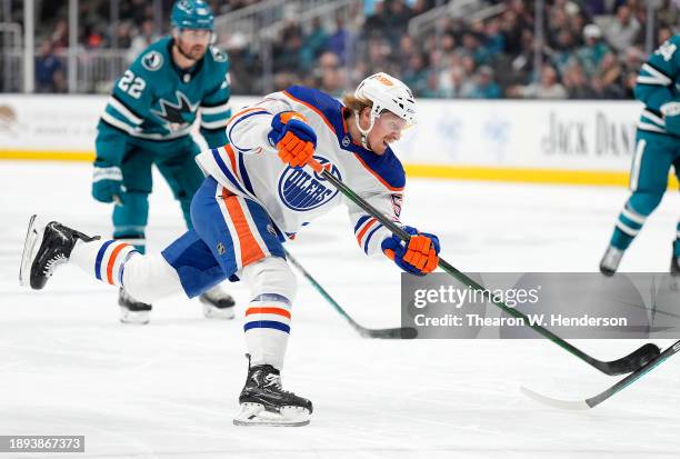 James Hamblin of the Edmonton Oilers shoots on goal against the San Jose Sharks during the first period at SAP Center on December 28, 2023 in San...