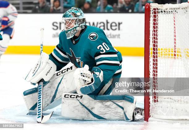 Goalie Magnus Chrona of the San Jose Sharks defends his goal against the Edmonton Oilers during the first period at SAP Center on December 28, 2023...