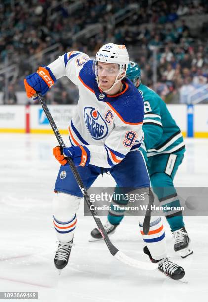 Connor McDavid of the Edmonton Oilers skates against the San Jose Sharks during the third period of an NHL hockey game at SAP Center on December 28,...