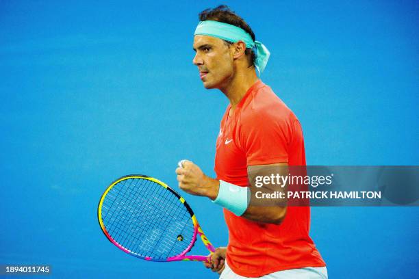 Spain's Rafael Nadal reacts during his men's singles match against Austria's Dominic Thiem at the Brisbane International tennis tournament in...