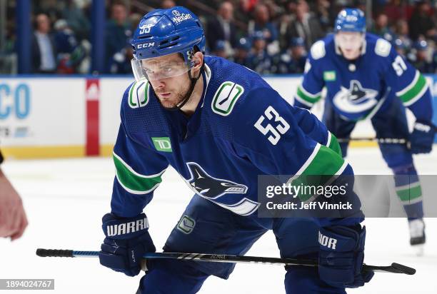 Teddy Blueger of the Vancouver Canucks lines up for a face off during their NHL game against the Philadelphia Flyers at Rogers Arena on December 28,...