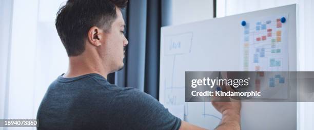 american male software engineer developer work on application program flowchart coding whiteboard at home office. programming language development technology, freelance work from home concept - organizational chart stock pictures, royalty-free photos & images