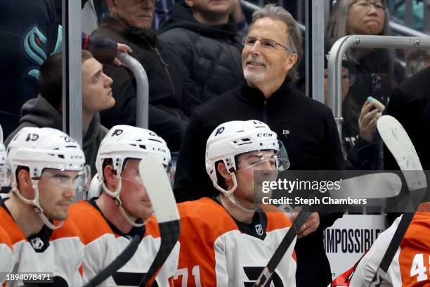 Head coach John Tortorella of the Philadelphia Flyers coaches in his 1,500th NHL game against the Seattle Kraken during the third period at Climate...