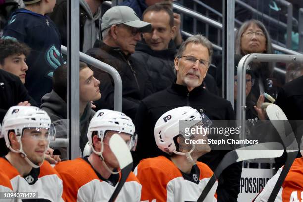 Head coach John Tortorella of the Philadelphia Flyers coaches in his 1,500th NHL game against the Seattle Kraken during the third period at Climate...