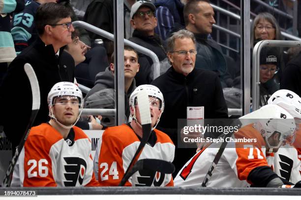 Head coach John Tortorella of the Philadelphia Flyers coaches in his 1,500th NHL game against the Seattle Kraken during the third period at Climate...
