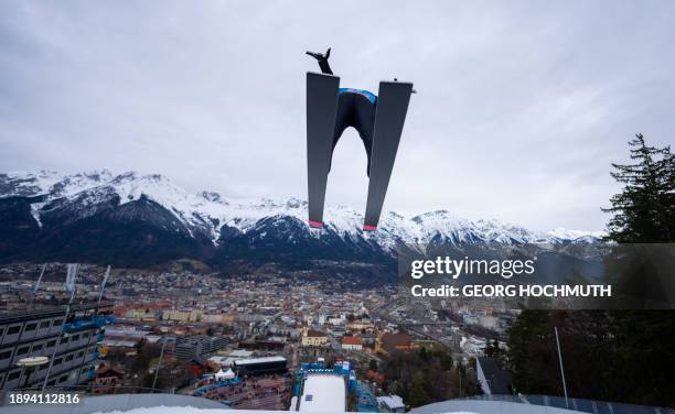 Japan's Ryoyu Kobayashi soars through the air during a training session in preparation of the third stage of the Four-Hills tournament that is part...