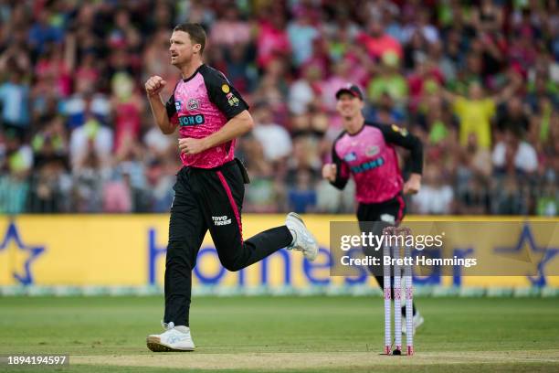 Jackson Bird of the Sixers celebrates after taking the wicket of Tom Kohler-Cadmore of the Thunder during the BBL match between Sydney Thunder and...