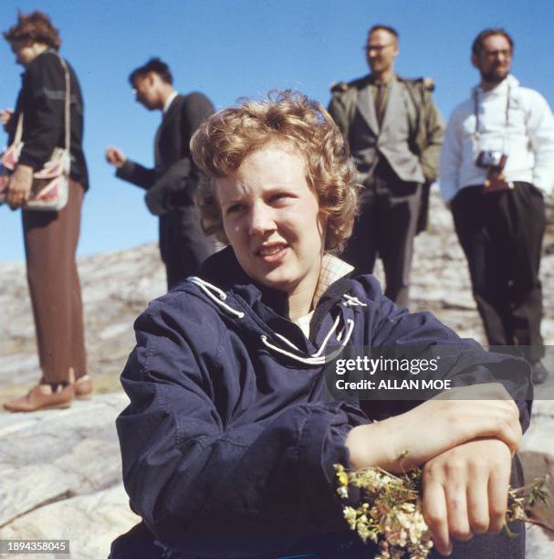 Picture taken in the year 1960 shows then Princess Margrethe of Denmark on her first visit to Greenland on a trip to the ice fjord in Ilulissat,...