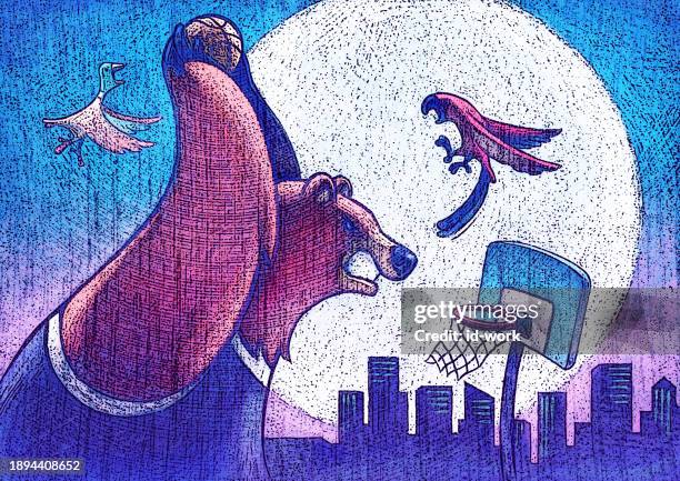bear playing basket ball with parrot - slam dunk stock illustrations