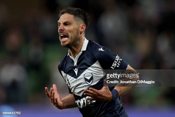 Bruno Fornaroli of Melbourne Victory celebrates a goal during the A-League Men round 10 match between Melbourne Victory and Adelaide United at AAMI...