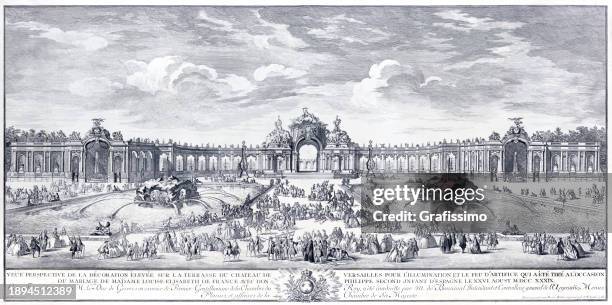 illustrazioni stock, clip art, cartoni animati e icone di tendenza di versailles in occasione del matrimonio di luisa elisabetta di francia con don filippo di spagna 1739 incisione su acciaio - reggia di versailles