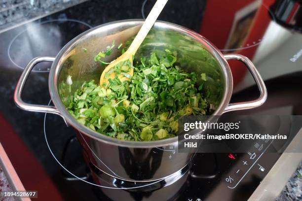 preparation of a cress soup, fresh cress in cooking pot, cooking spoon, wooden spoon, induction cooker, ceramic hob, cooker, hotplate, swabian cuisine, hearty soup, vegetarian, healthy, salty, cooking, stirring, typical swabian reinterpreted, traditional - stirring stock pictures, royalty-free photos & images