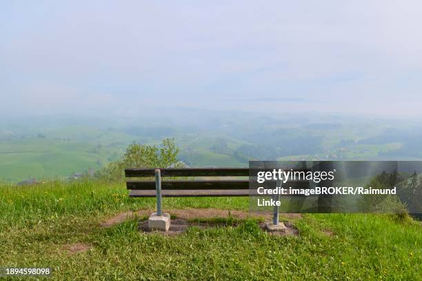 an empty bench stands in a meadow with a view of the mist-covered hills, spring, menzingen, prealps, zug, canton zug, switzerland, europe - menzingen stock pictures, royalty-free photos & images