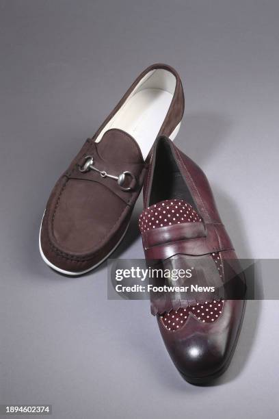 GUCCIs brown suede classic horse-bit loafer and JIMMY CHOOs tourmaline-hued polka-dot loafer