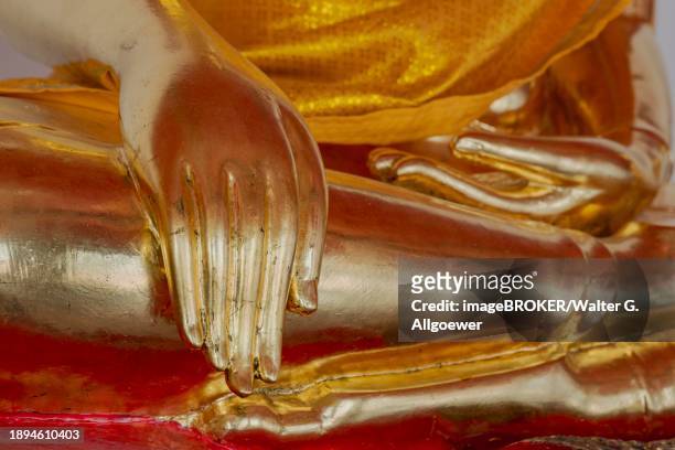 gilded buddha statue, bhumispara-mudra, buddha gautama at the moment of enlightenment, wat pho, bangkok, thailand, asia - ko ratanakosin stock pictures, royalty-free photos & images