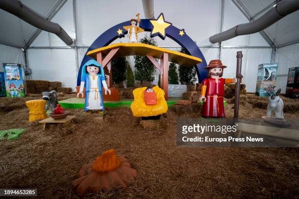 Several figures of the giant Playmobil Nativity Scene, in the Plaza de las Constelaciones, on 30 December, 2023 in Mostoles, Madrid, Spain. Mostoles...