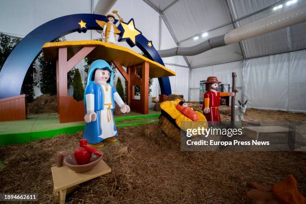 Several figures of the giant Playmobil Nativity Scene, in the Plaza de las Constelaciones, on 30 December, 2023 in Mostoles, Madrid, Spain. Mostoles...