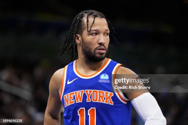 Jalen Brunson of the New York Knicks looks on against the Orlando Magic during the third quarter at Kia Center on December 29, 2023 in Orlando,...