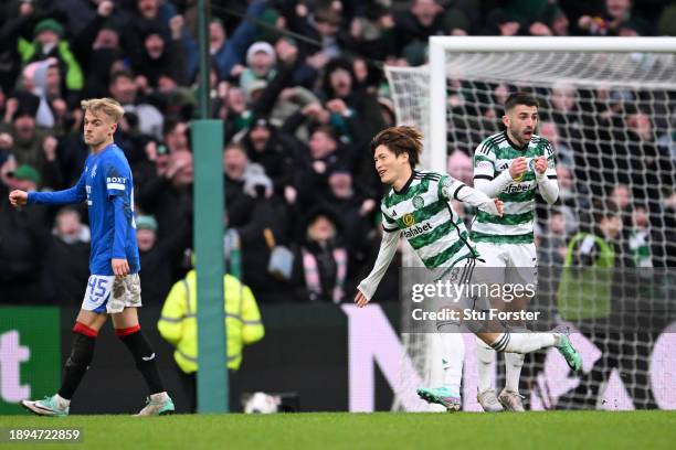 Kyogo Furuhashi of Celtic celebrates after scoring their team's second goal during the Cinch Scottish Premiership match between Celtic FC and Rangers...