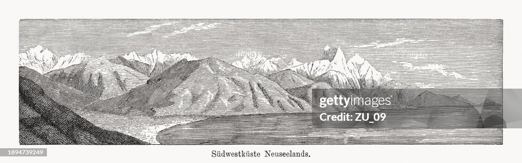Southwest coast of New Zealand (Southland), wood engraving, published 1894