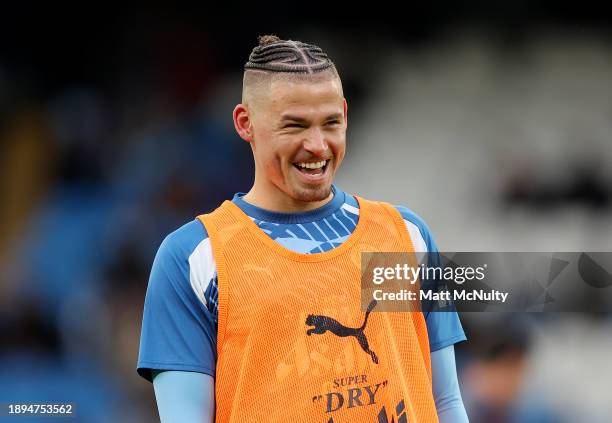 Kalvin Phillips of Manchester City warms up prior to the Premier League match between Manchester City and Sheffield United at Etihad Stadium on...