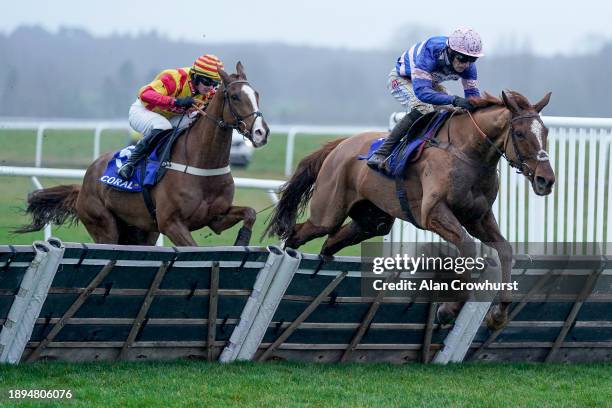 Harry Cobden riding Captain Teague clear the last to win The Coral Challow Novices' Hurdle at Newbury Racecourse on December 30, 2023 in Newbury,...